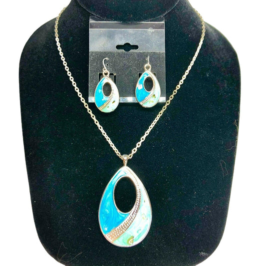 Teardrop Necklace and Earring Set Blue and Green Swirl Cutout NEW