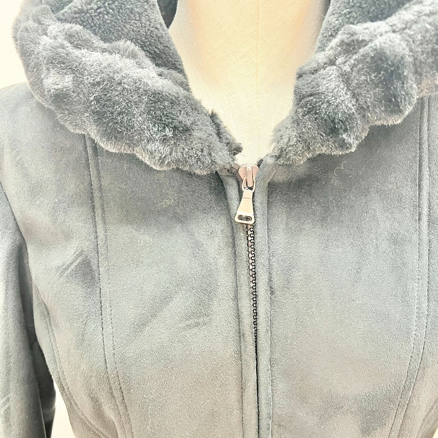 Esprit Women's Small Black Suede Zip Up Jacket Fur Lining Hood Cuffs