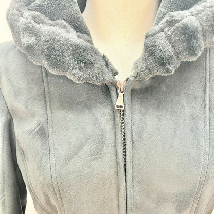 Esprit Women's Small Black Suede Zip Up Jacket Fur Lining Hood Cuffs