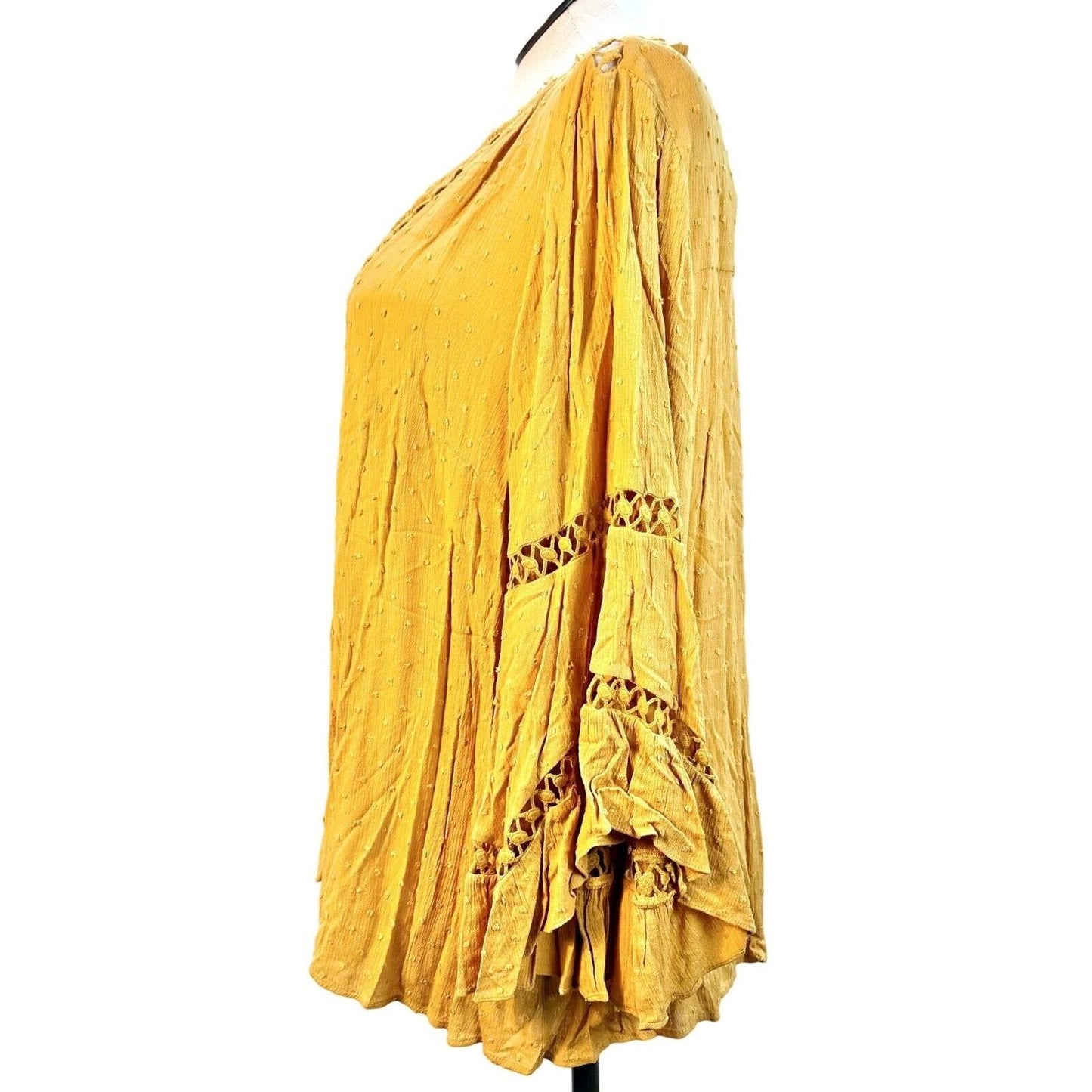 Pale Sky Peasant Top 3X Mustard 3/4 Sleeve String Tie Vneck 28 Inch Long NWT