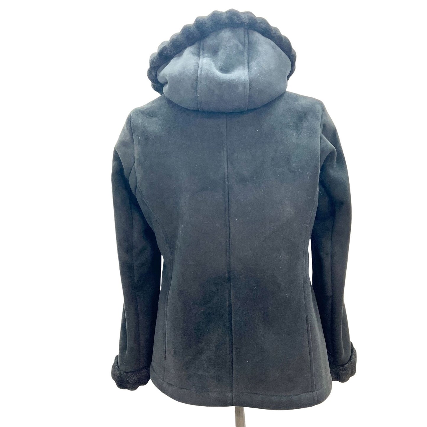 Esprit Women's Small Black Suede Zip Up Jacket Fur Lining Hood Cuffs