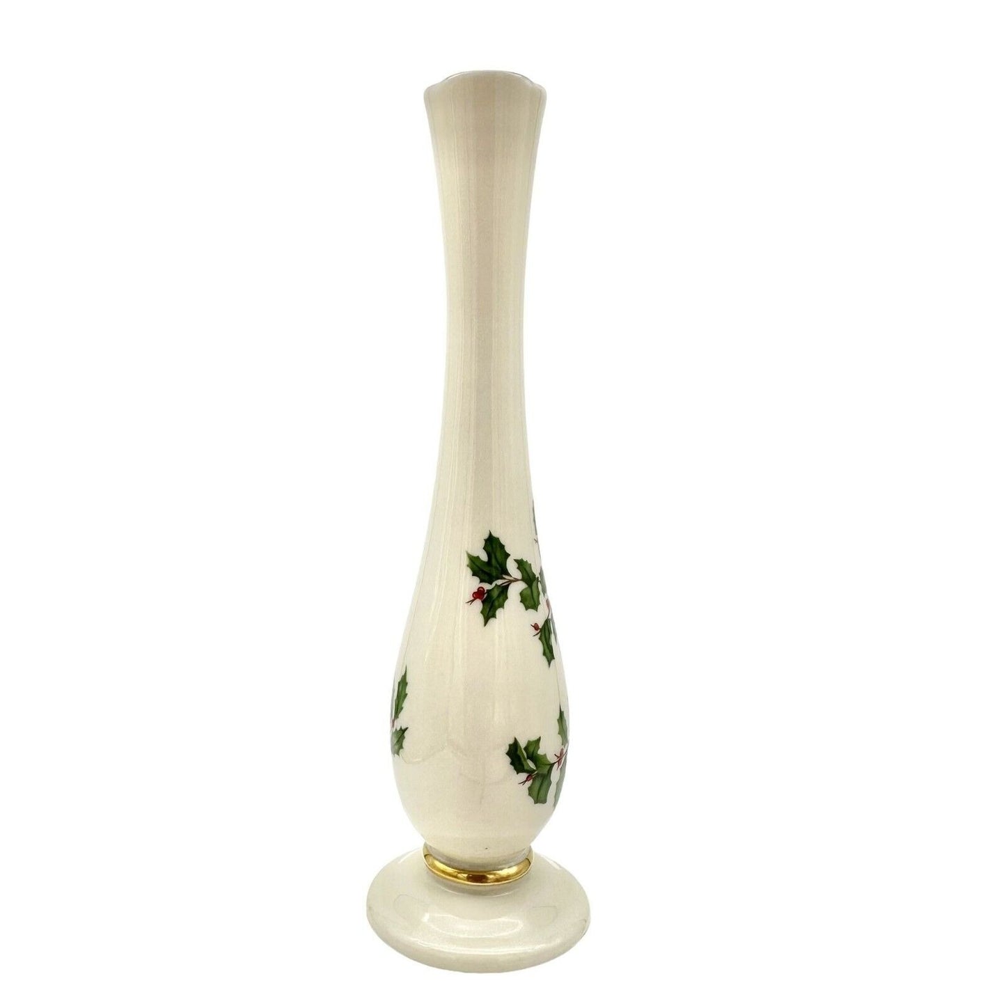 Lenox Holiday Christmas Bud Vase 7.5 x 2 Beige Gold Trim Holly