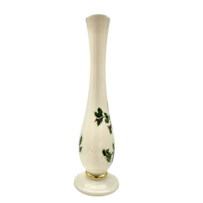 Lenox Holiday Christmas Bud Vase 7.5 x 2 Beige Gold Trim Holly