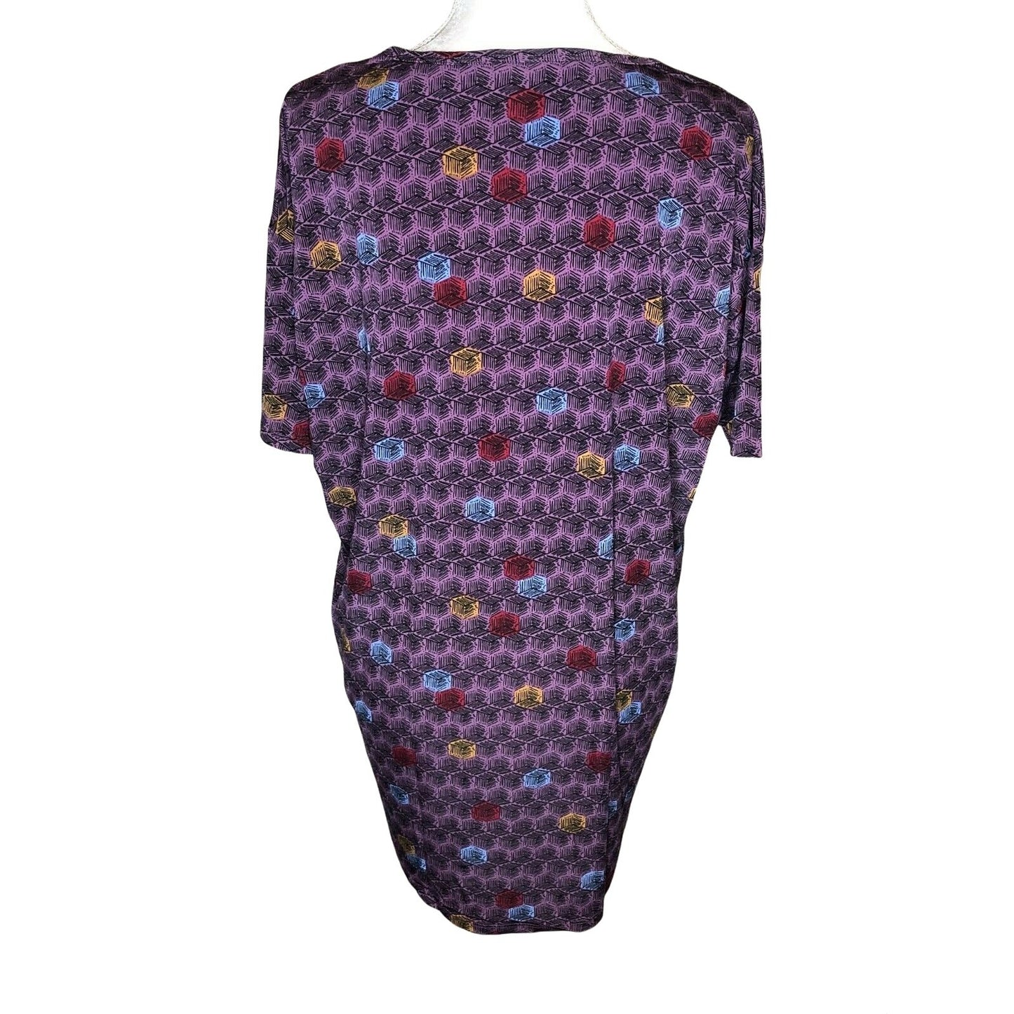 LuLaRoe Irma XXS Purple Geometric Print Short Sleeve Tunic Top Hi Low Hem