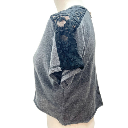 To Love Womens 12 Short Sleeve Gray Cut Off Shirt Black Lace Shoulders