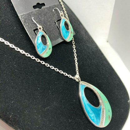 Teardrop Necklace and Earring Set Blue and Green Swirl Cutout NEW