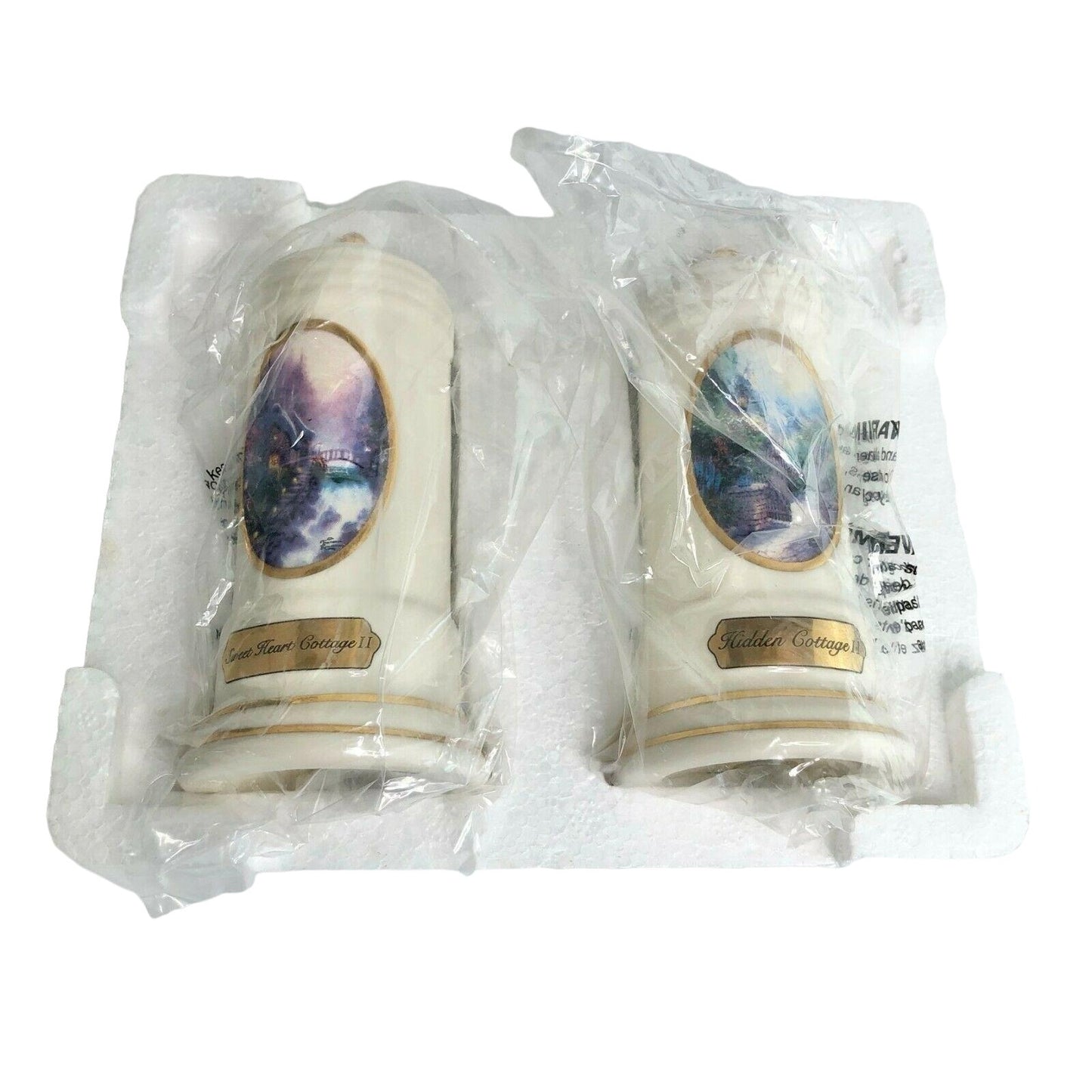 Thomas Kinkade 2005 Salt & Pepper Set w/ Stand Home and Heart Collection EUC