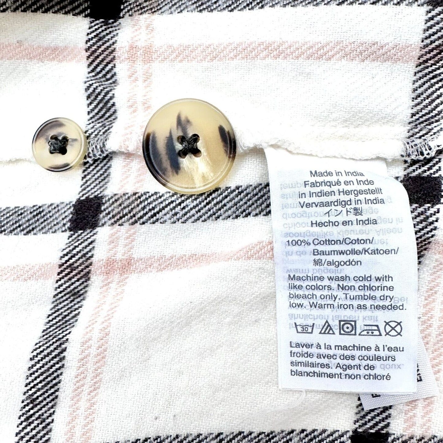 Madewell Flannel Shirt 2X Beige Peach Black Plaid Button Up Long Sleeve