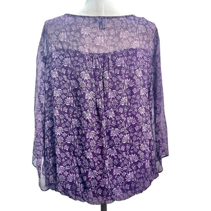 I.N. Studio Top Women's 3x Purple Flowers Gold Thread Vneck Gathered Bottom NWT