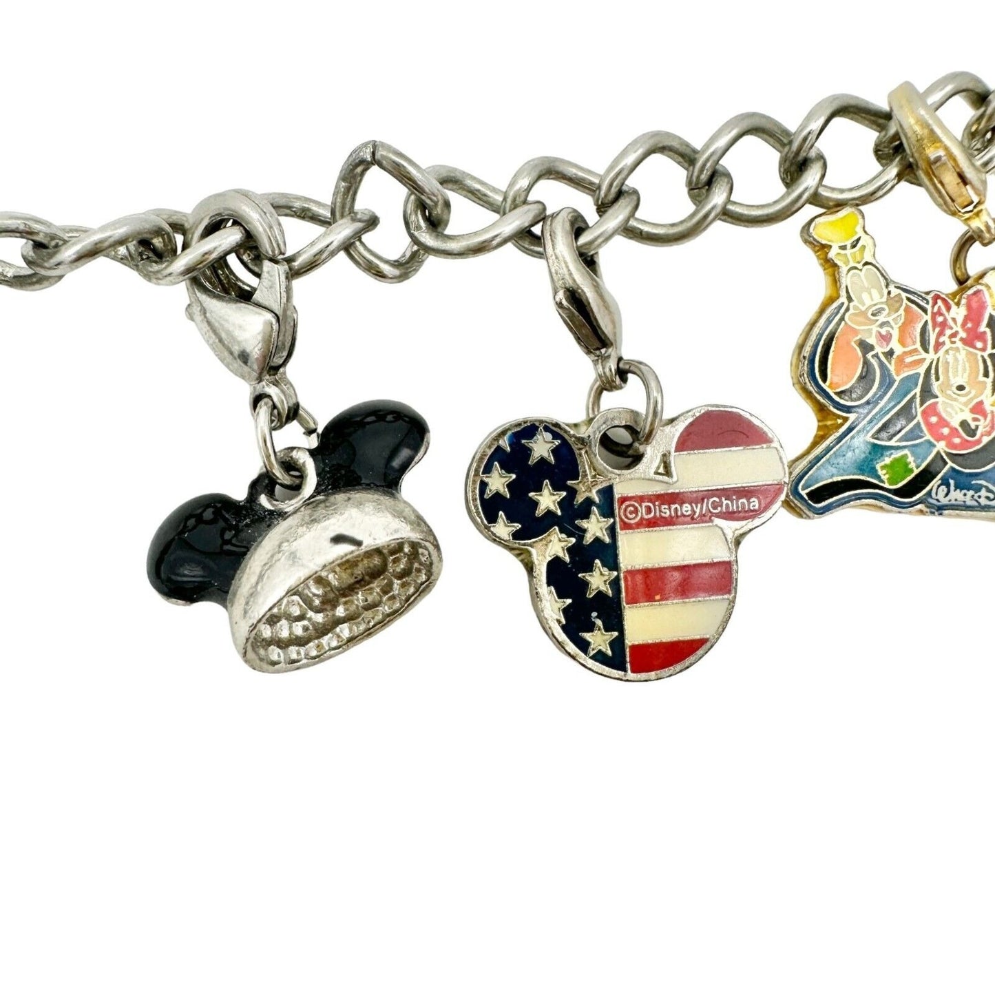 Disney Charm Bracelet Silvertone with Mickey Mouse Ruby Colored Stones Necklace