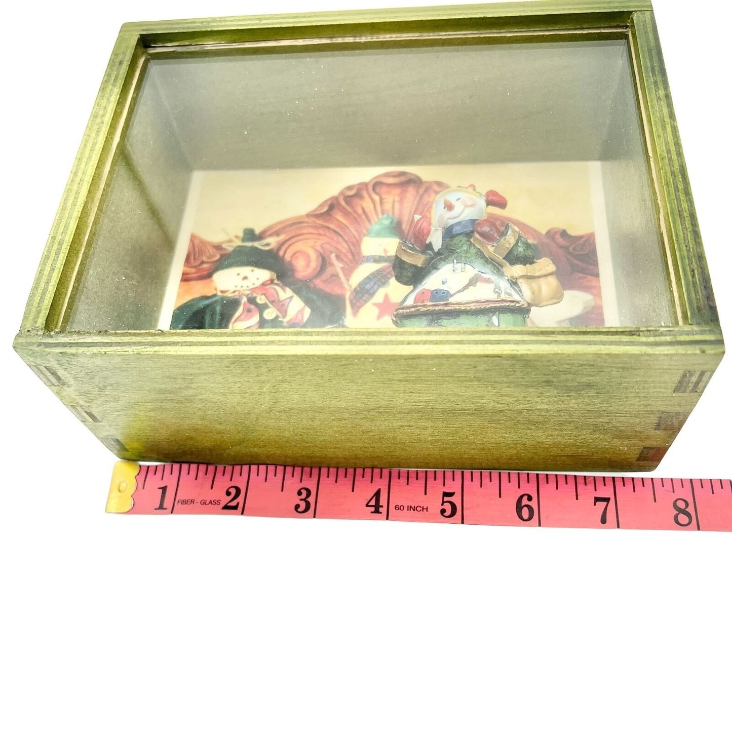 Hand Crafted Shadow Box 7.5 x 5.5 x 3 Green Snowman Christmas Mixed Media