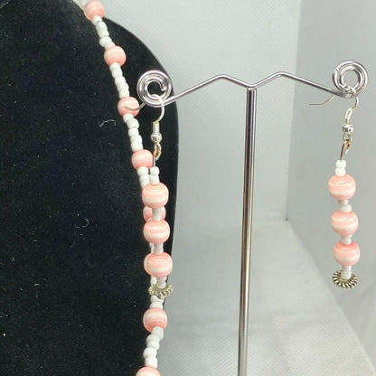 Handcrafted 3pc Jewelry Set Light Pink Beads Necklace Earrings Bracelet NEW