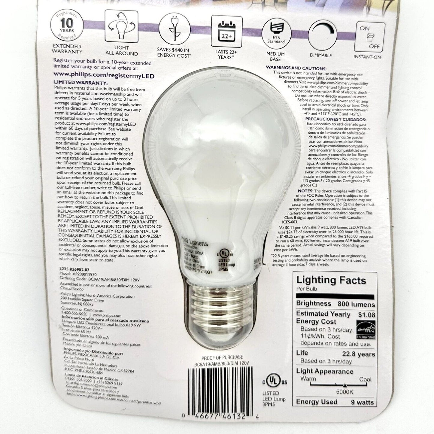 Philips Replacement Bulbs Set of Two 60w 9w LED Daylight Dimmable A19 Bulb NIP