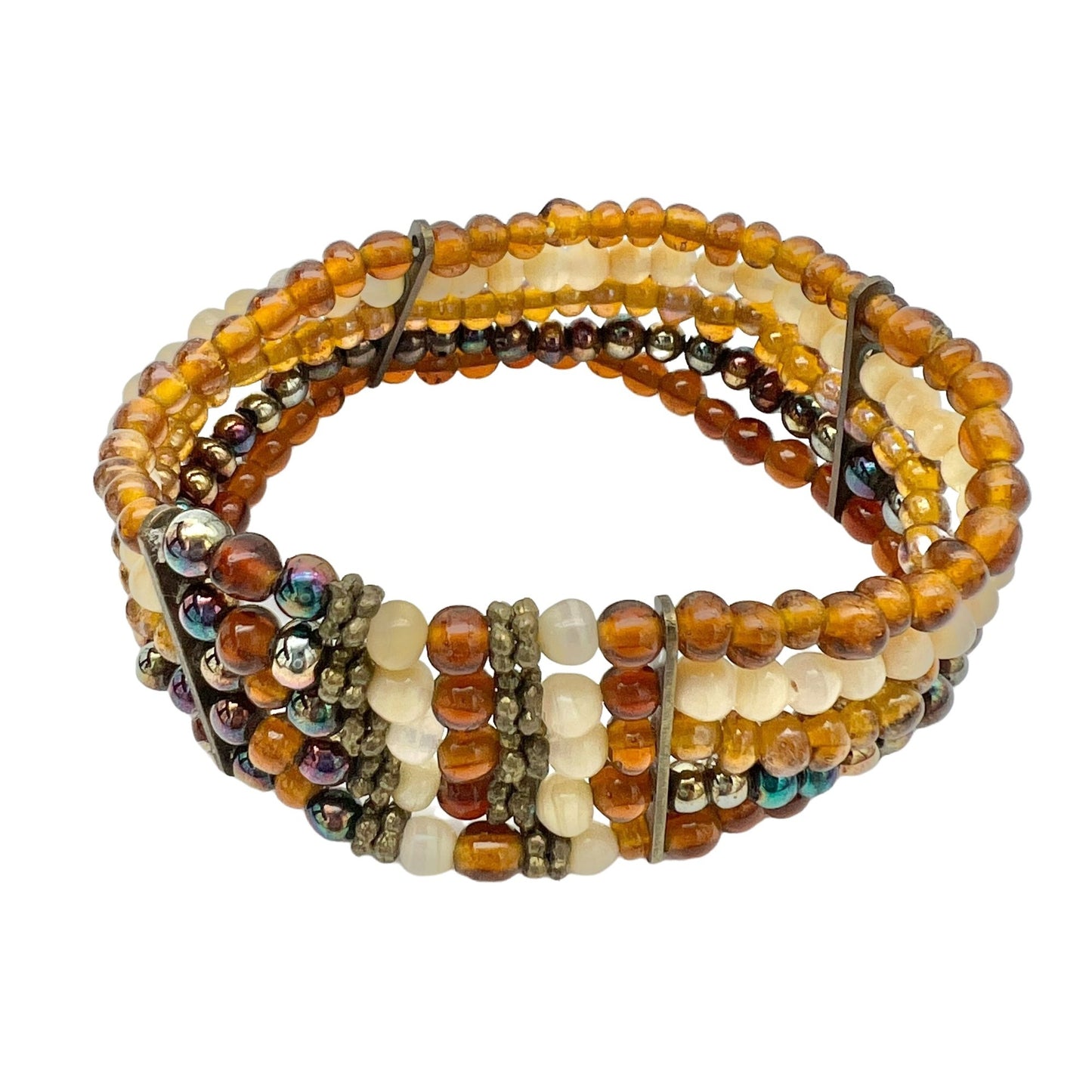 Bracelet Womens 7 x 1 Multi Strand Gold Brown Beads Stretch