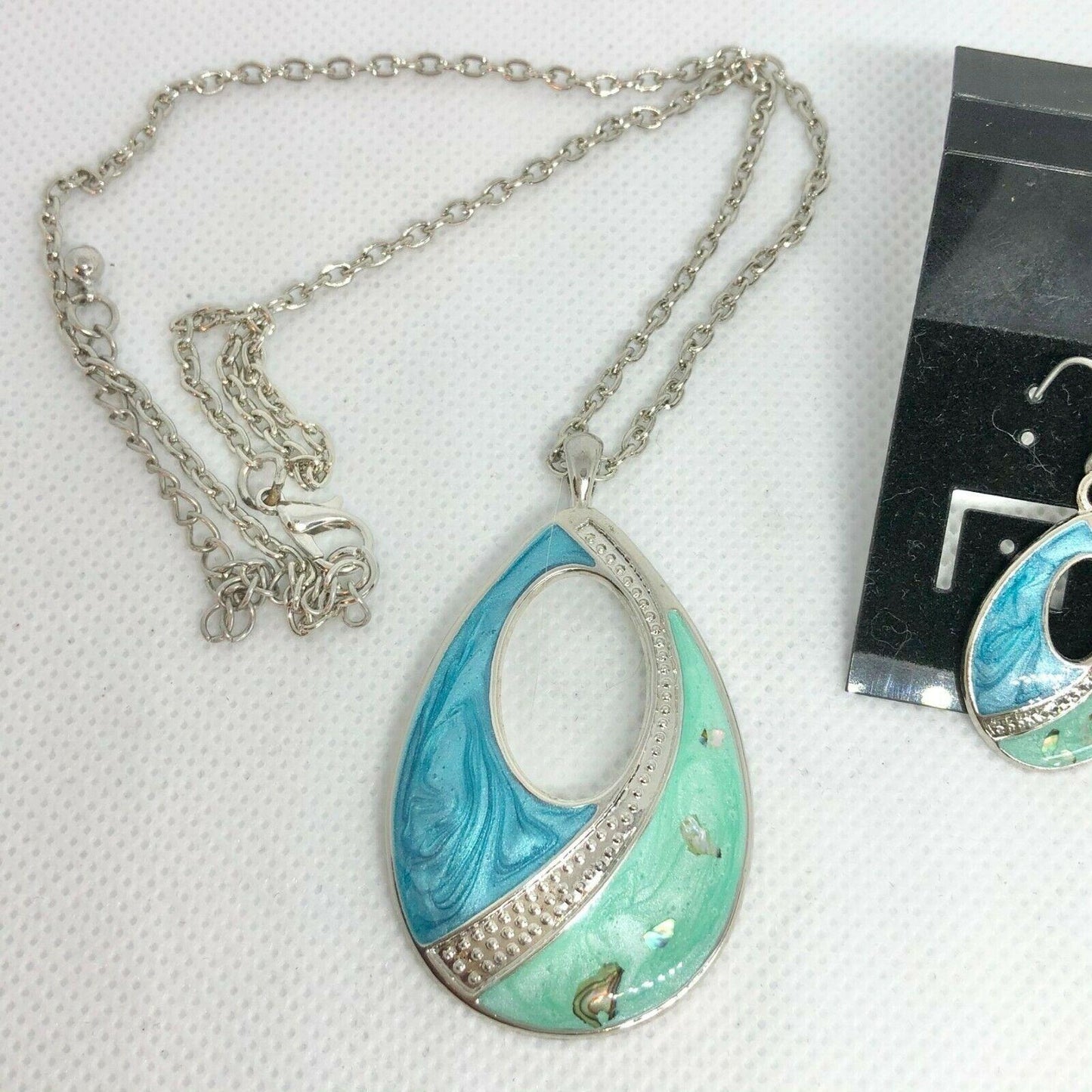 Teardrop Necklace and Earring Set Blue and Green Swirl Cutout NEW