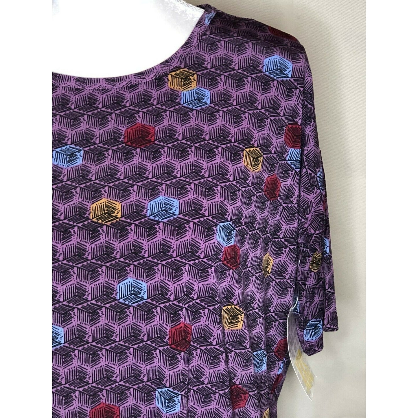 LuLaRoe Irma XXS Purple Geometric Print Short Sleeve Tunic Top Hi Low Hem