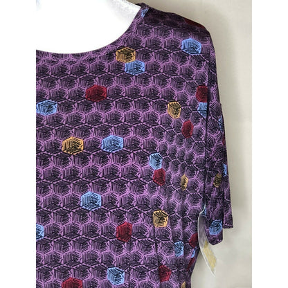 LuLaRoe Irma XXS Purple Geometric Print Short Sleeve Tunic Top Hi Low Hem