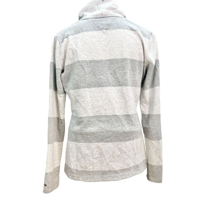 Tommy Hilfiger Shawl Collar Pullover Small Gray White Stripe Fleece Long Sleeves