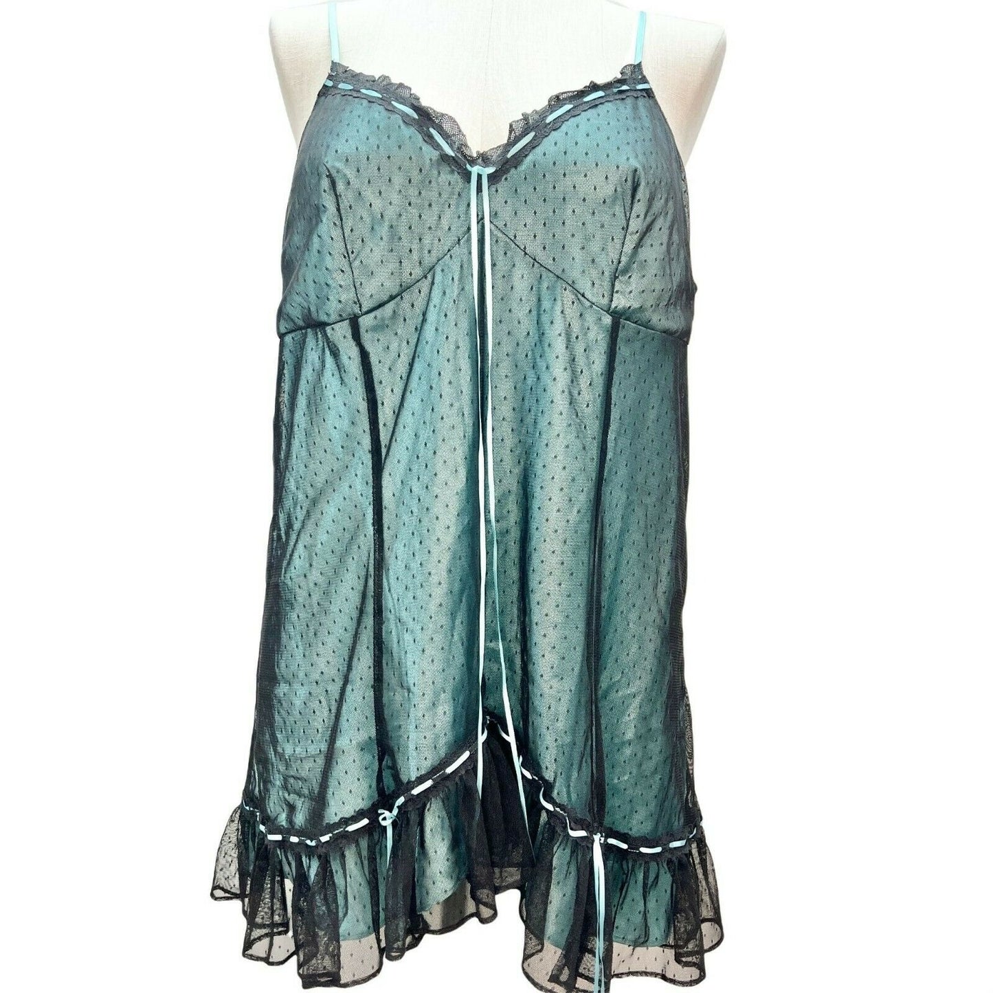 Cacique 18/20 Turquoise Black Sexy Nightie w Adjustable Straps