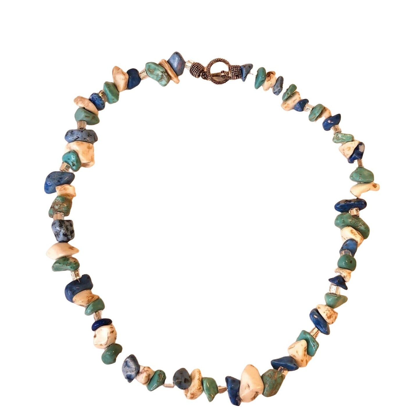 Handcrafted Necklace Beachy Stones Glass Beads Marbled Blues and White NEW