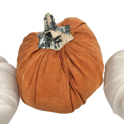 Set Of 3 Fabric Pumpkins With Decorative Stems In Orange & White