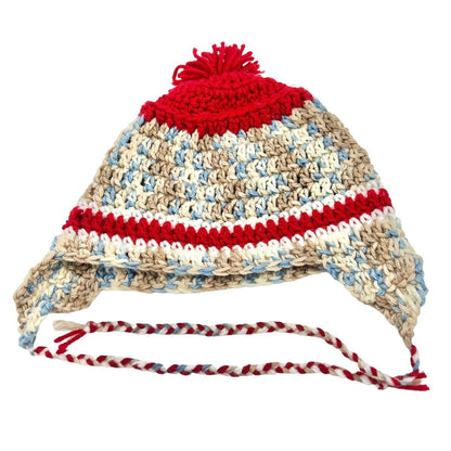 Crochet Hat Blues Browns Red with Ear Flaps and Ties and Pom Pom