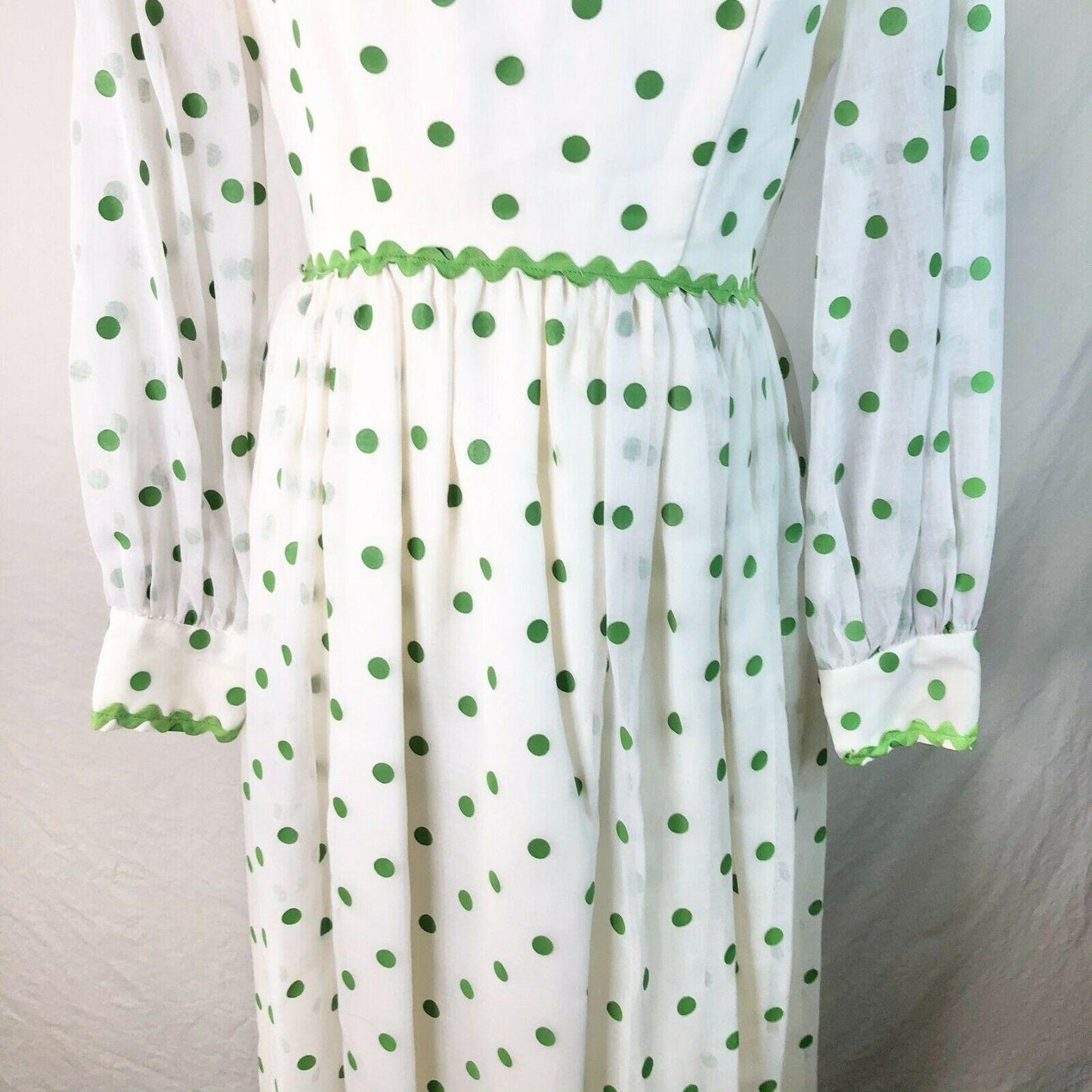 Vintage 1960s White w/ Green Polka Dots High Collar Long Sleeve Gown Bridesmaid