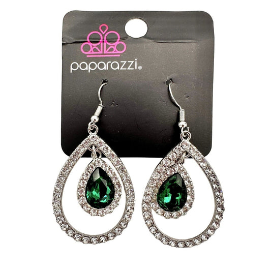 Paparazzi Pierced Earrings Silvertone Clear Green Rhinestones Teardrops NWT