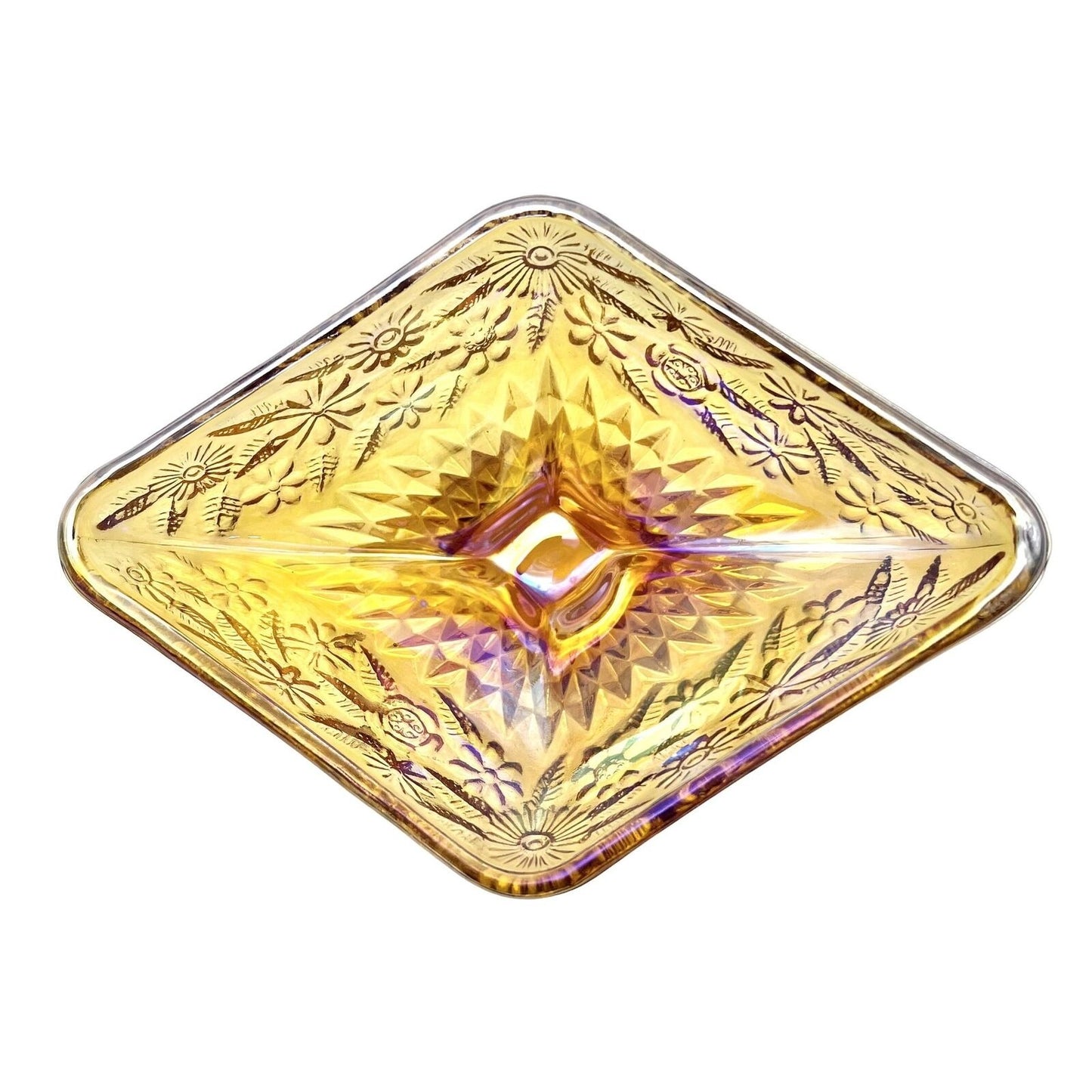 Footed Candy Nut Dish 6.5 x 4.5 Iridescent Marigold Diamond Shape Flowers