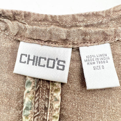Chicos Top Womens Size 0 Brown 3/4 Sleeve Button Up Slit Pockets