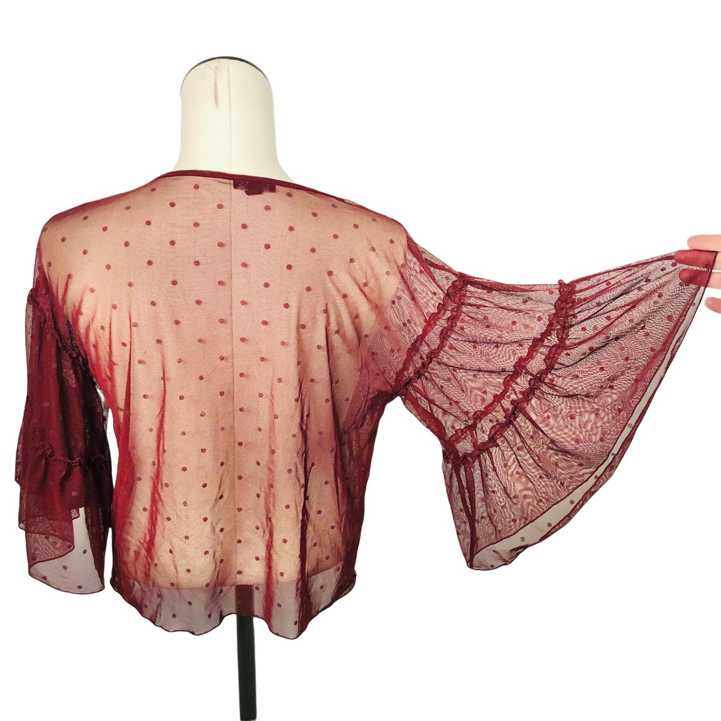 Express Small Petite Sheer Maroon Lacy Top Ruffled Bell 3/4 Sleeves Spotted