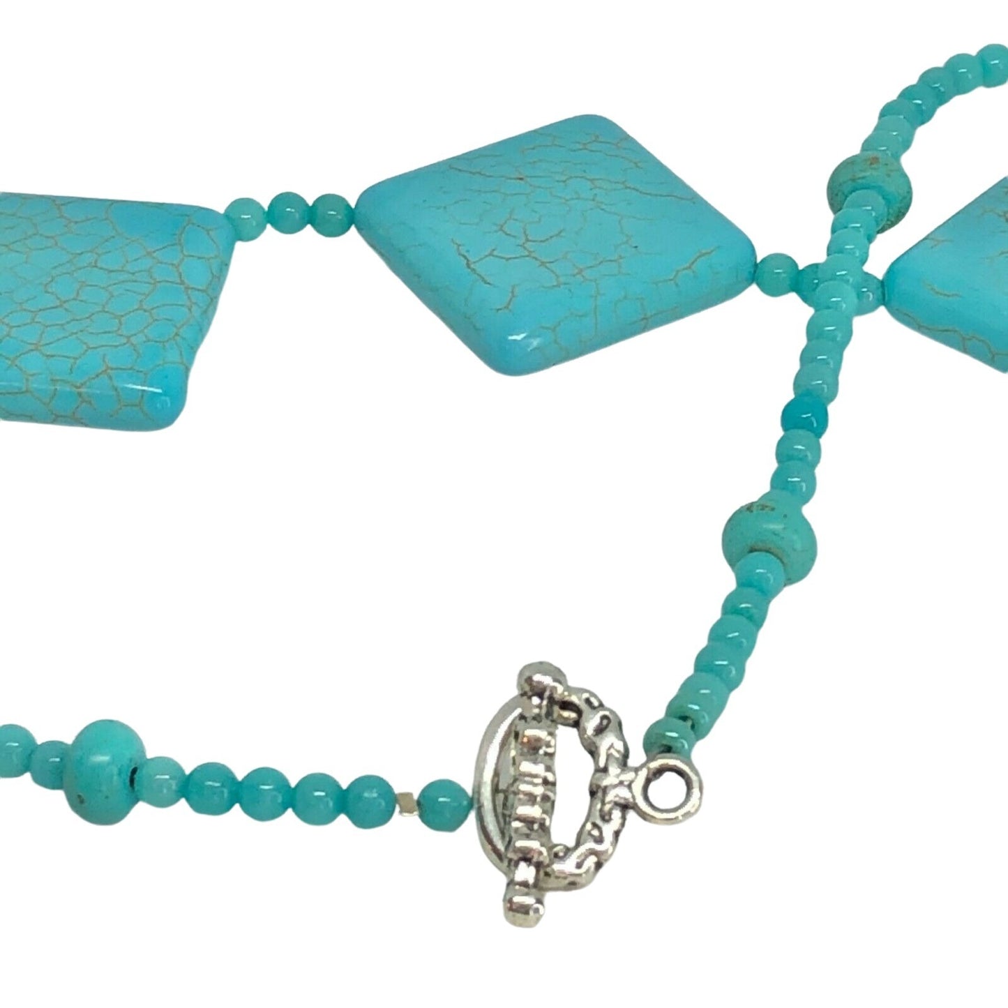 Turquoise Blue Necklace & Earrings Set Square Beads Silvertone Boho Jewelry