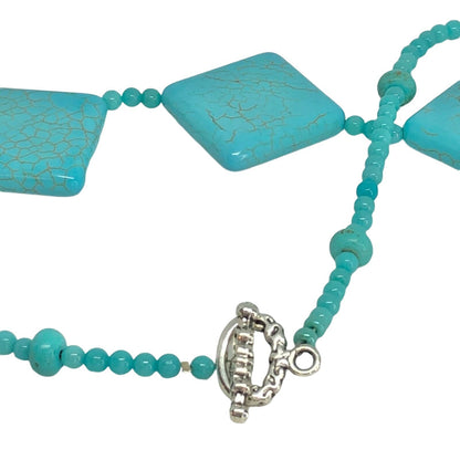 Turquoise Blue Necklace & Earrings Set Square Beads Silvertone Boho Jewelry