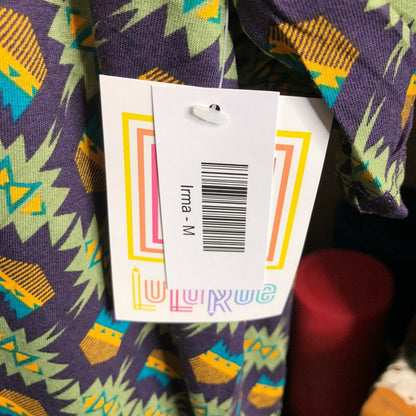 LuLaRoe RETIRED Irma Women's M Purple Gold Teal Green mid-length sleeves NWT