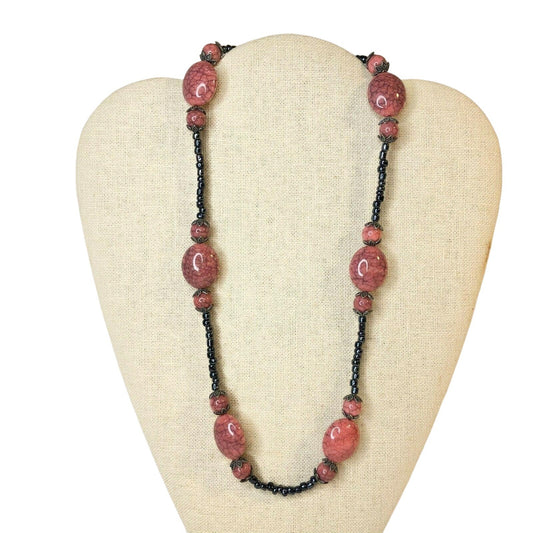 Handcrafted Necklace Mauve & Pewter Colored Beads Statement Beautiful NEW