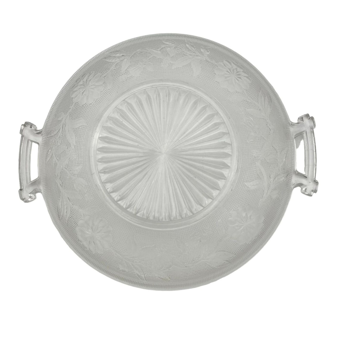 Serving Dish 9 inch Clear Glass Etched Flowers 2 Handles