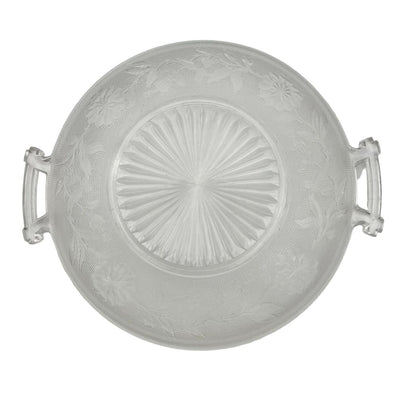 Serving Dish 9 inch Clear Glass Etched Flowers 2 Handles