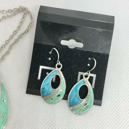 Teardrop Necklace and Earring Set Blue and Green Swirl Cutout NEW