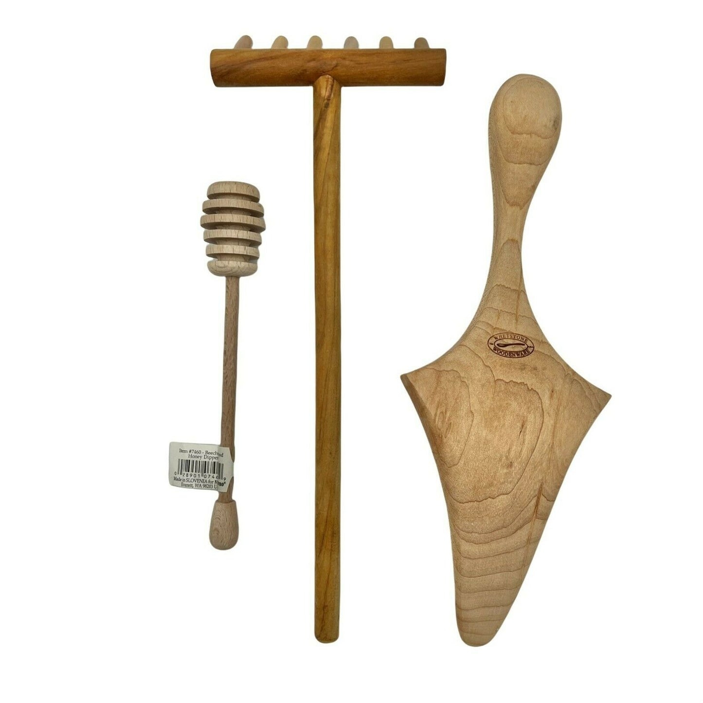 Trio of Wooden Kitchen and Household Tools Rake Honey Dipper Server