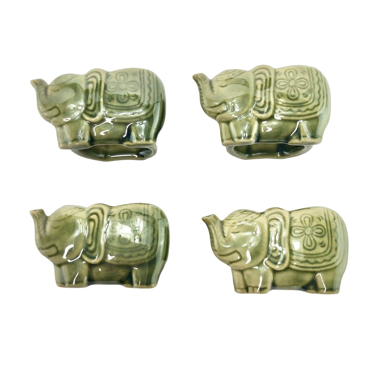 Set of 4 Ceramic Green Elephant Napkins Rings Floral Beautiful EUC