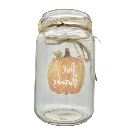 Jar Vase 5.5 x 3 Clear Give Thanks Pumpkin Straw String Bow New