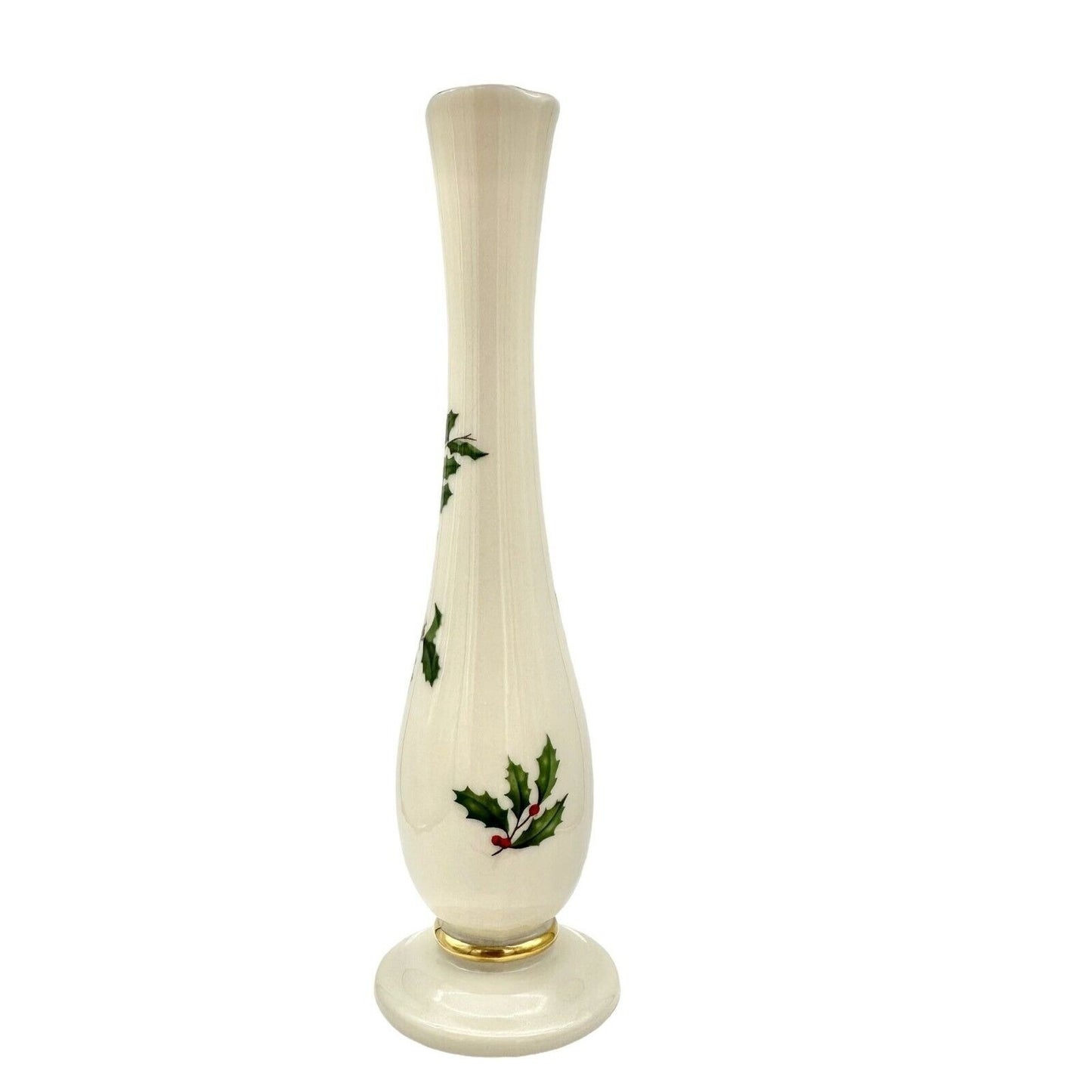 Lenox Holiday Christmas Bud Vase 7.5 x 2 Beige Gold Trim Holly