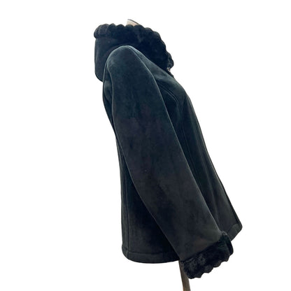 Esprit Women's Small Black Suede Zip Up Jacket Fur Lining Hood Cuffs