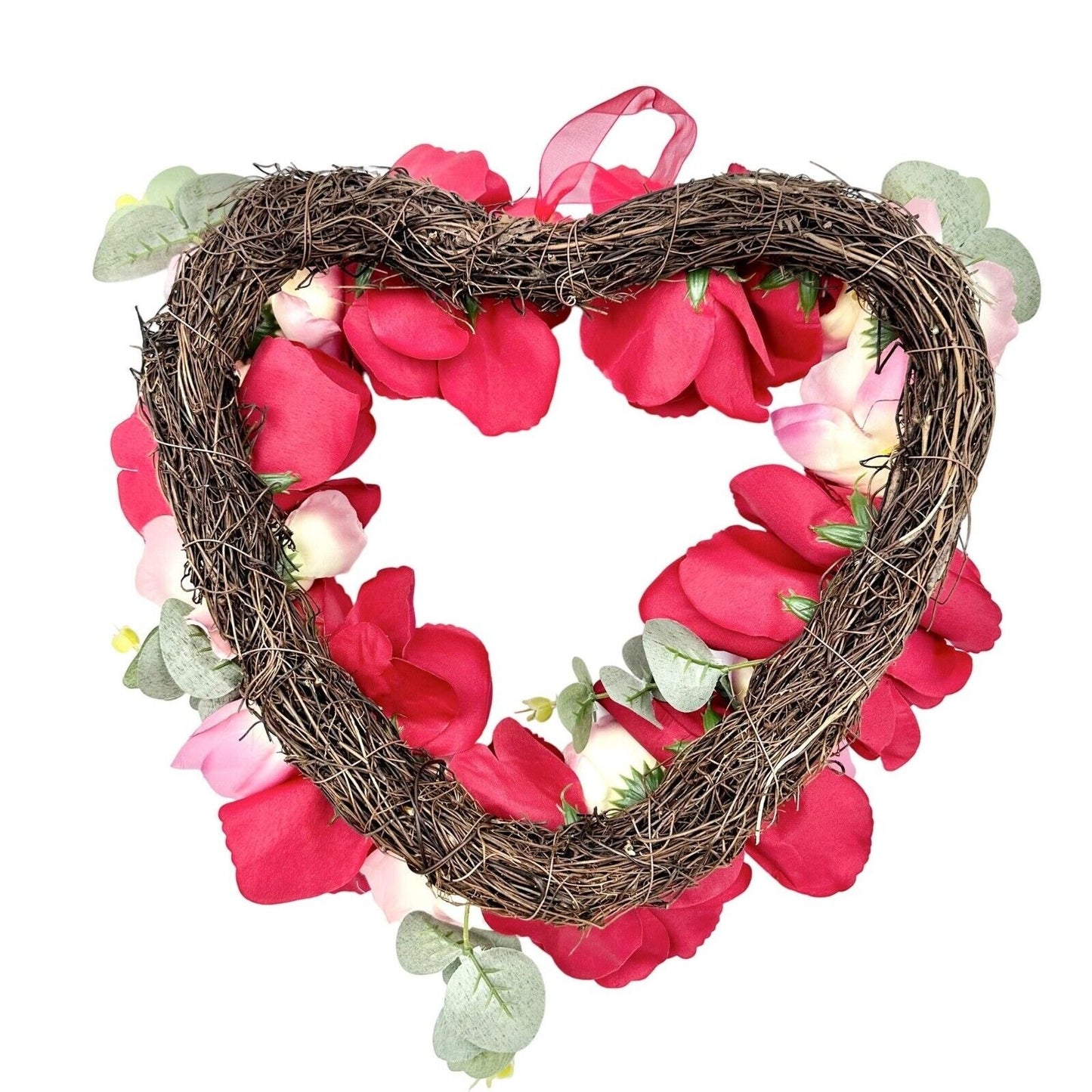 Heart Wreath 17 x 16 Red Pink Flowers Eucalyptus Red Ribbon Hanger