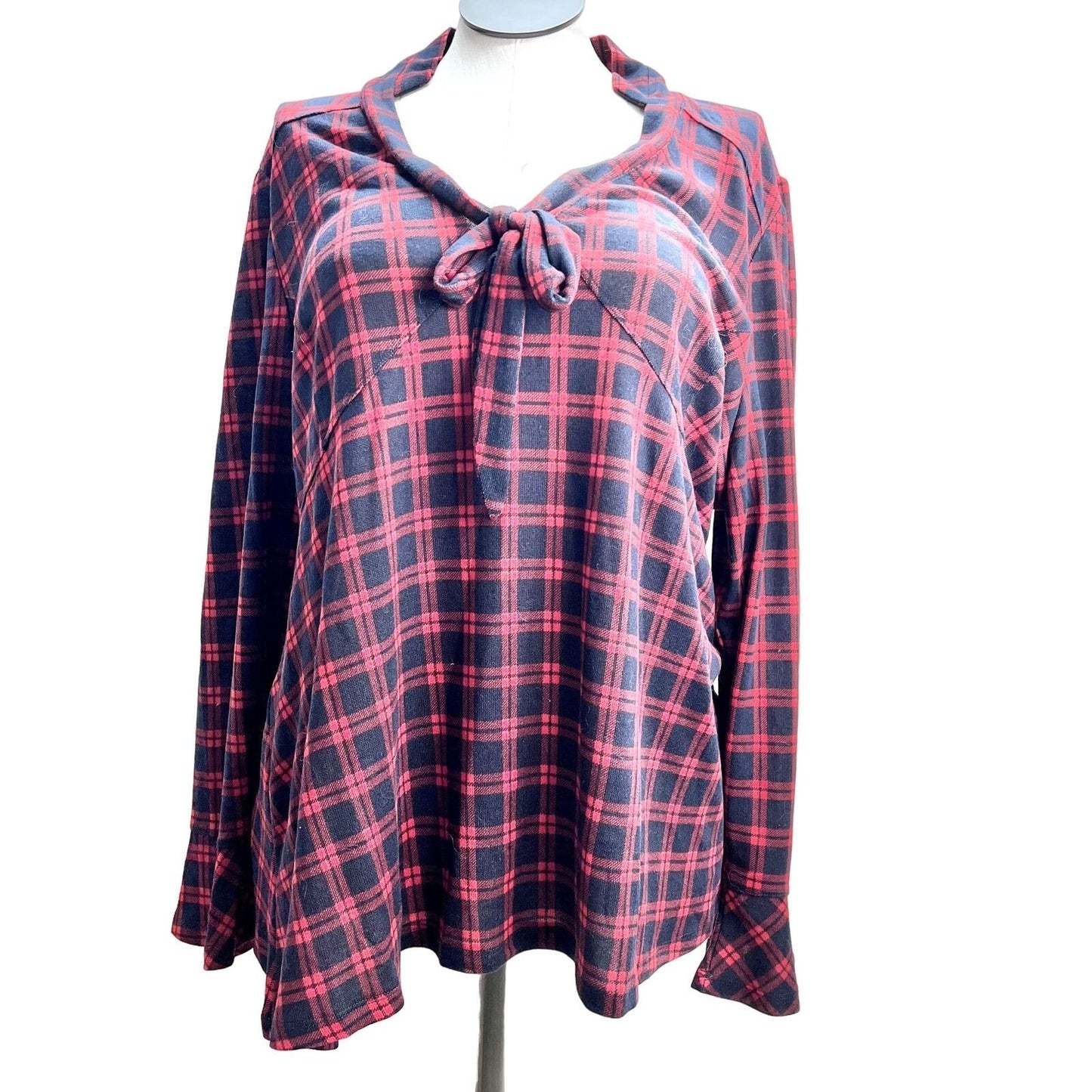 Suzanne Betro Tunic Top 3X Red Navy Plaid V-Neck Tie-Front NWT