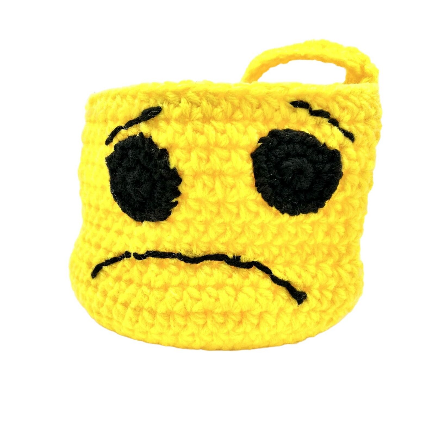 Handmade Yellow Crochet Basket With Sad Face Design & Handle Halloween Treat