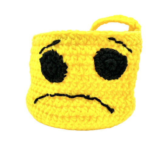 Handmade Yellow Crochet Basket With Sad Face Design & Handle Halloween Treat