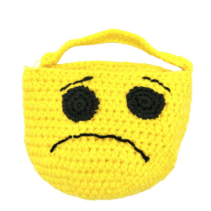 Handmade Yellow Crochet Basket With Sad Face Design & Handle Halloween Treat