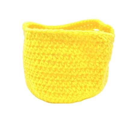 Handmade Yellow Crochet Basket With Sad Face Design & Handle Halloween Treat